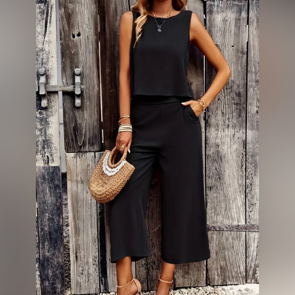 Solid Color Summer Two-piece Set, Crew Neck Tank Top & Wide Leg Pants Outfit - Picture 6 of 6